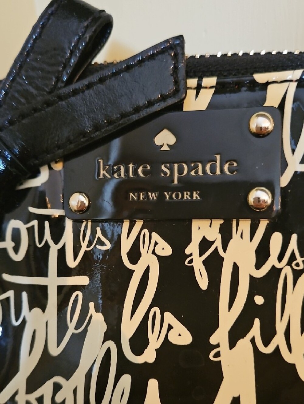 Kate Spade Black Patent Script Print Wristlet - Picture 2 of 10